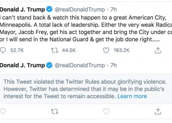 Twitter Flags Trump for ‘Glorifying Violence’ After Tweet About ‘Shooting’ Protesting ‘THUGS’