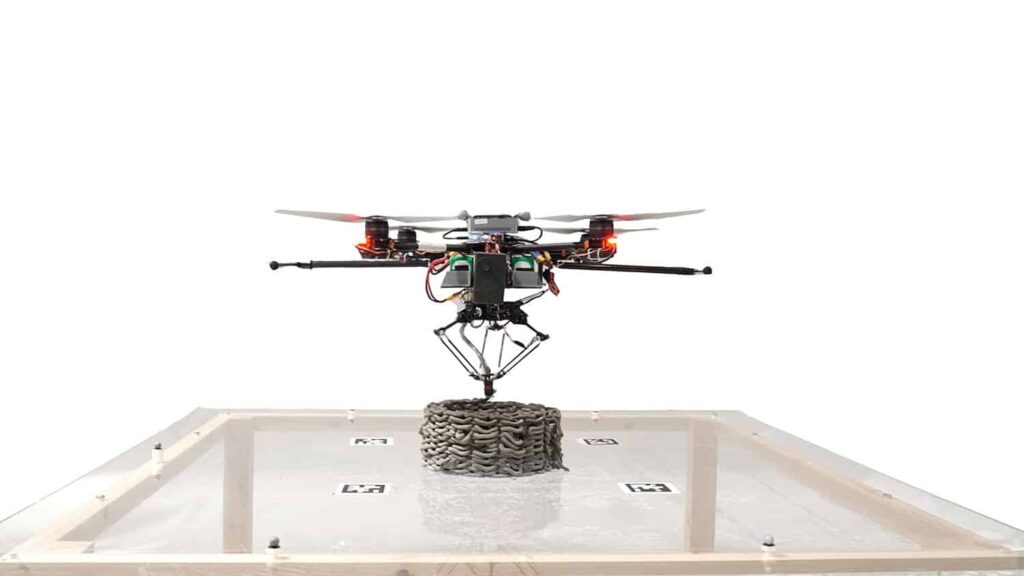 Buildings constructed by a drone swarm that 3D prints cement