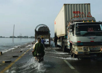 Indus Highway is covered with floodwater from Manchhar Lake