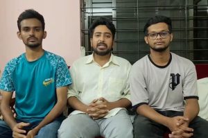 Student leaders Asif Mahmud, Nahid Islam, and Abu Bakar Majumder, who led a movement against job quotas that grew into a call for Prime Minister Sheikh Hasina to step down, make a statement in Dhaka, Bangladesh, in this social media video from August 6, 2024.