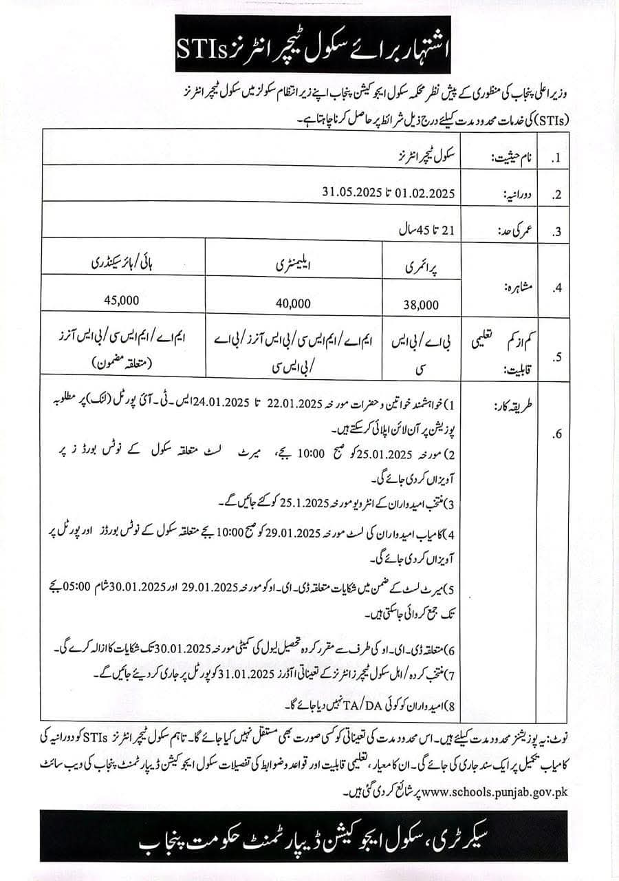 Official Advertisement of School Teacher Interns STI Jobs 2025.