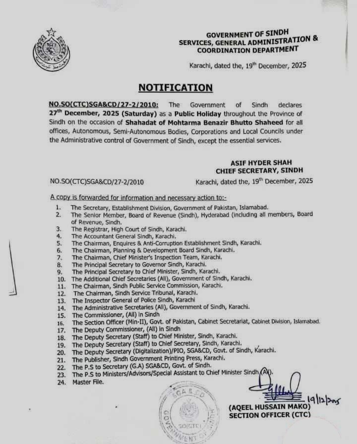 Sindh declares public holiday on December 27
